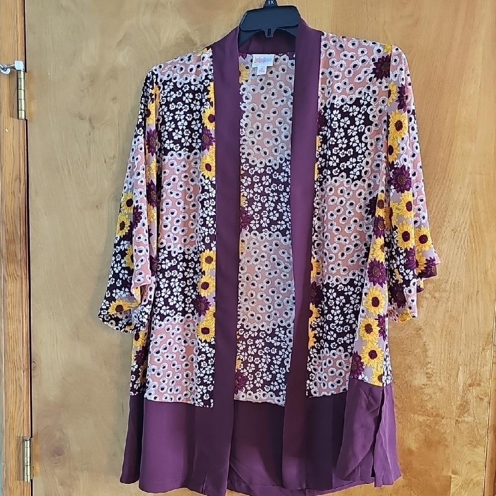 LuLaRoe Floral Patchwork Open Cardigan in Plum, Mustard & Pink